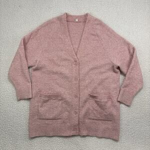 Uniqlo Fuzzy Knit Cardigan Womens XL Pink Button Front Soft Long Pockets Soufflé